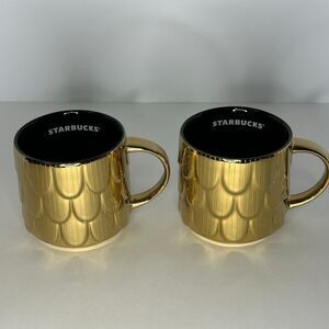 Starbucks 2019 Holiday Metallic Gold Mermaid Siren Scales Coffee Mugs Set of 2